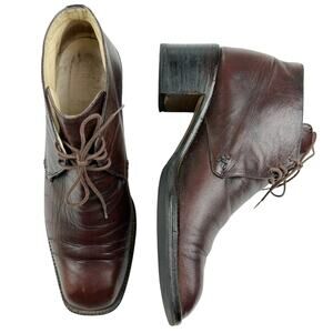 Vintage Brown Leather Ankle Boots  Lace Up Square Toe Chunky Heel 7.5 Heritage